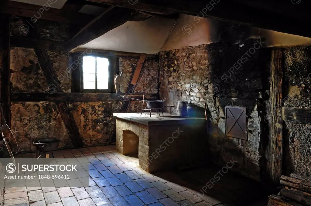 Kitchen in the Schultheissenhof from Obernbreit, 1554, Franconian open-air museum, Eisweiherweg 1, Bad Windsheim, Middle Franconia, Bavaria, Germany, ...
