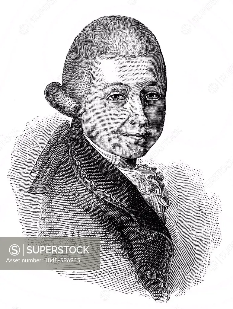 Historical drawing from the 19th Century, portrait of Wolfgang Amadeus Mozart, 1756-1791, composer of the Viennese Classical period