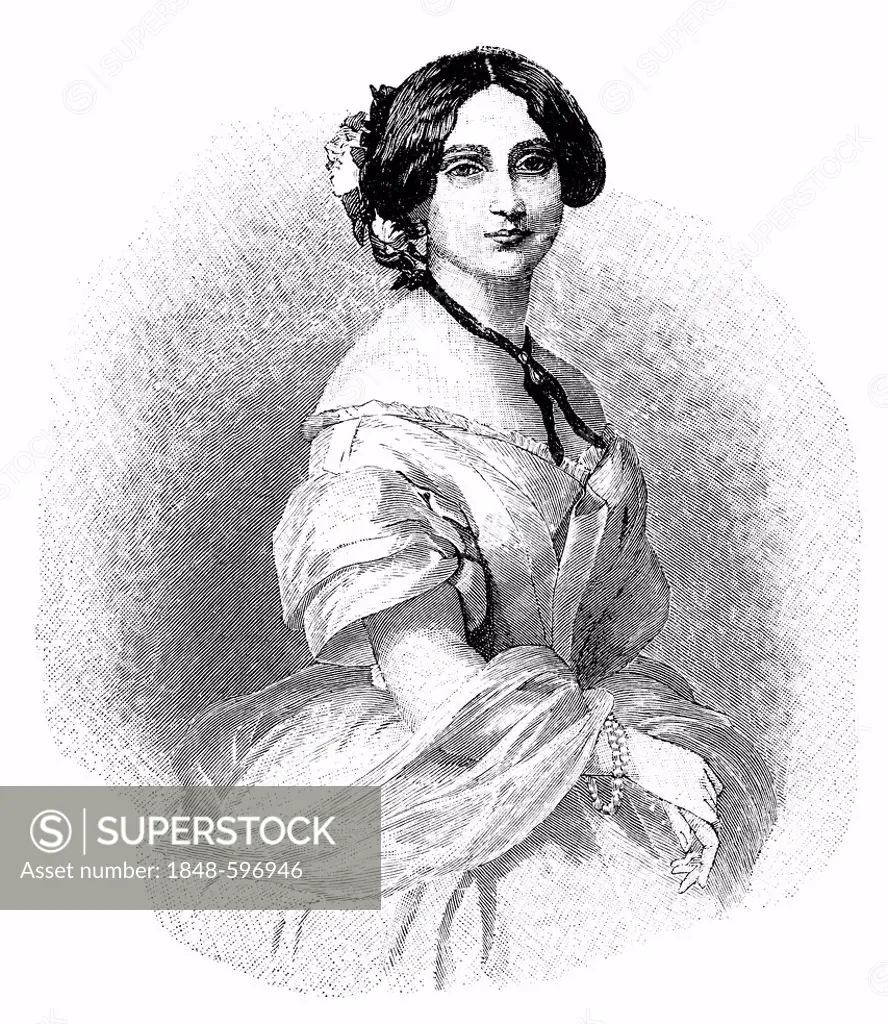 Historical drawing, portrait of Henriette Sontag, 1806-1854, German opera singer