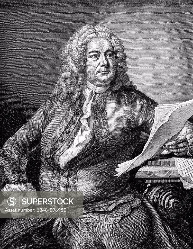 Historical drawing from the 19th Century, portrait of Goerg Friedrich Haendel or George Frideric Handel, 1685-1759, German-British composer of the Bar...