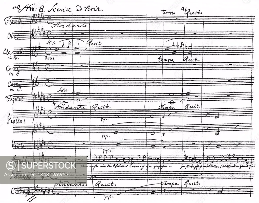 Page of sheet music from the romanic opera Der Freischuetz, the Marksman, historical manuscript, by Carl Maria Friedrich Ernst von Weber