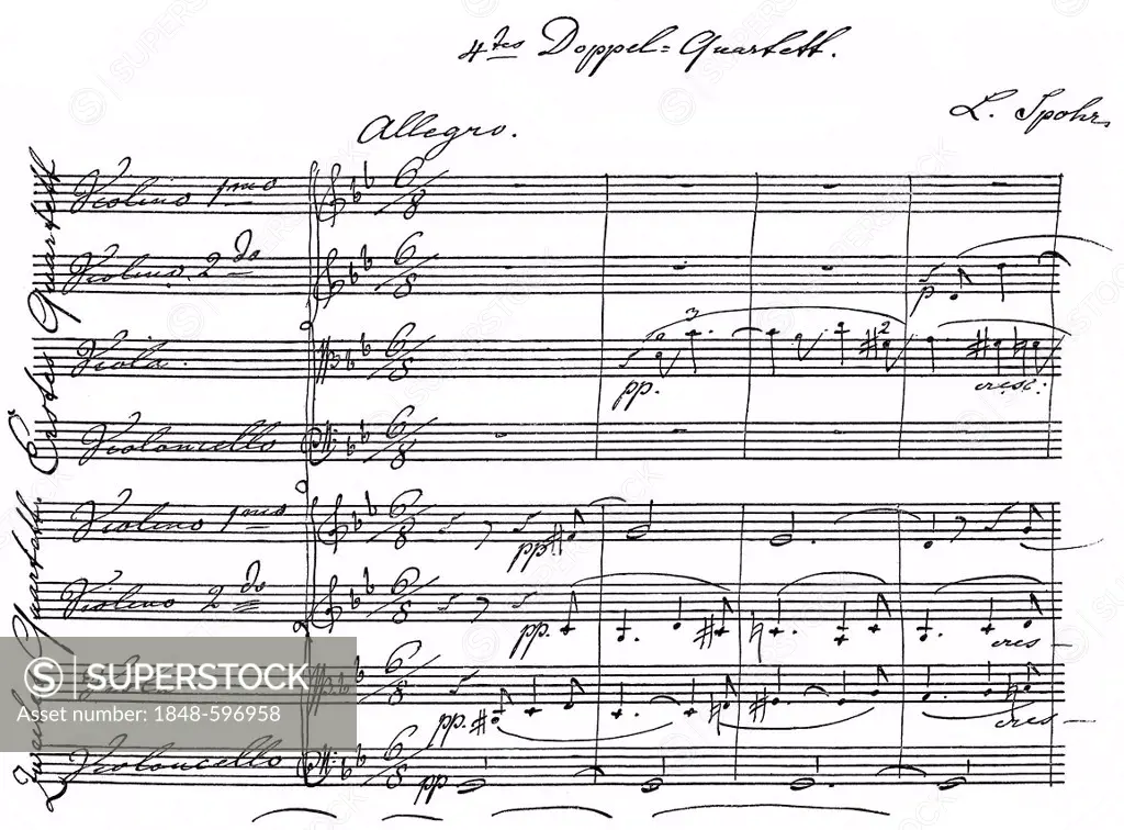 Double Quartet No. 4 in G minor, Opus 136, 1847, historical sheet music manuscript, by Louis or Ludwig Spohr