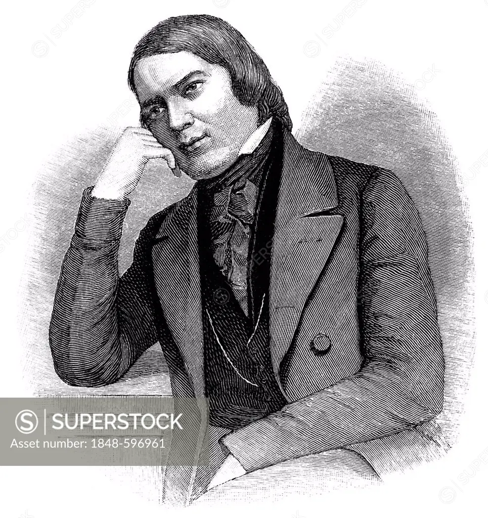Historical drawing from the 19th Century, portrait of Robert Schumann, 1810-1856, German composer and pianist of Romanticism