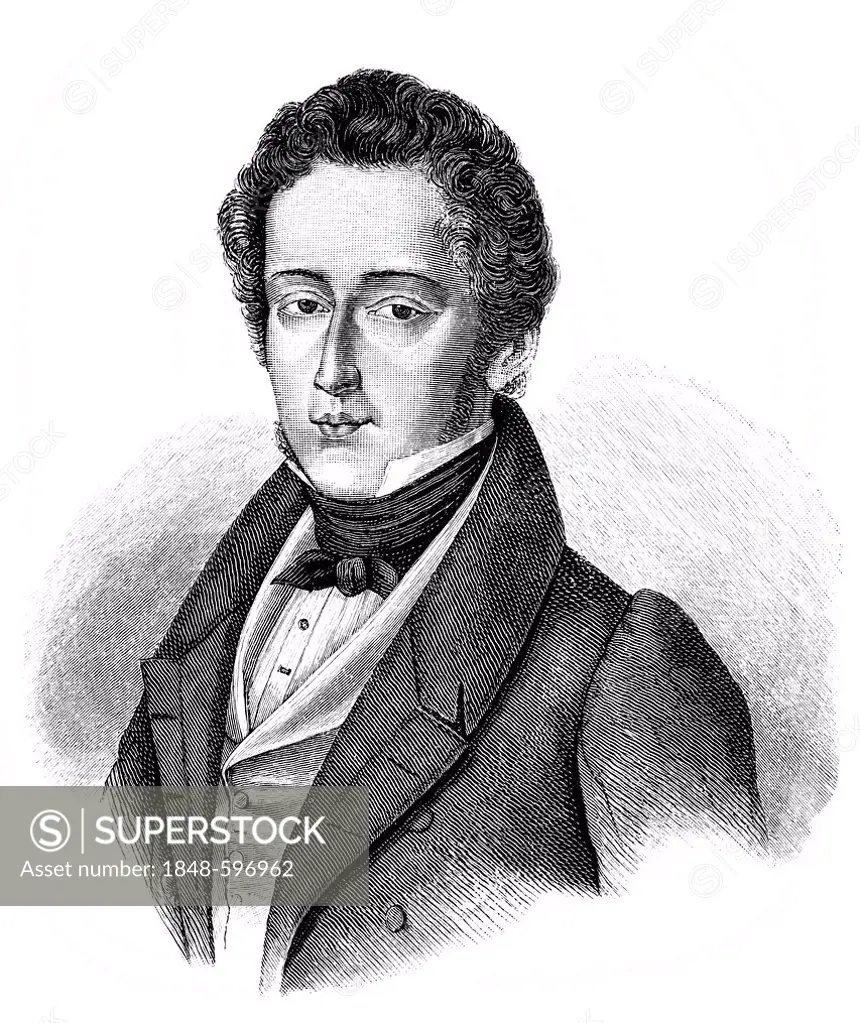 Historical drawing from the 19th Century, portrait Frédéric François Chopin or Fryderyk Franciszek Chopin, 1810-1849, Polish-French pianist and compos...
