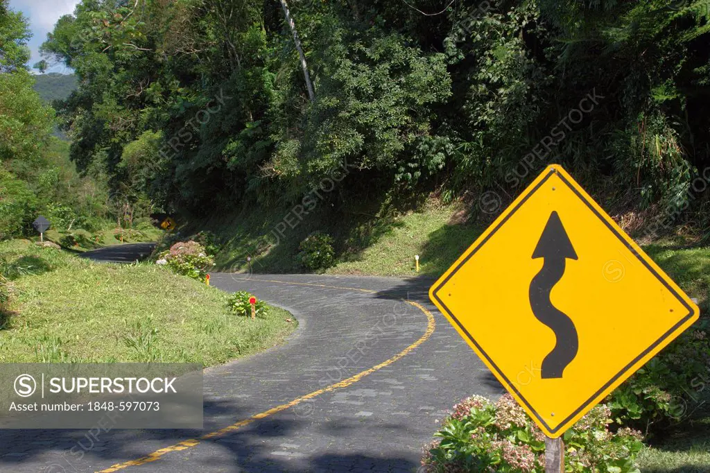 Winding road warning sign, Estrada da Graciosa, old road between Morretes on the coast and Curitiba on the plateau, Parana, Brazil, South America