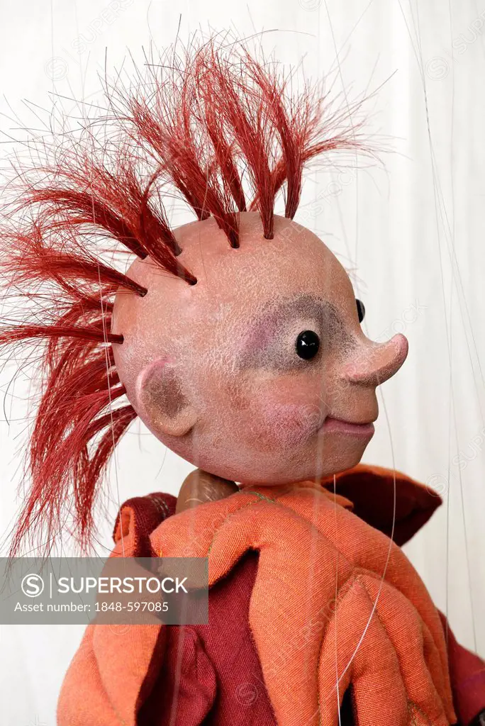 Original puppet with hair standing on end, Flachsmarkt historical crafts market, Krefeld-Linn, North Rhine-Westphalia, Germany, Europe