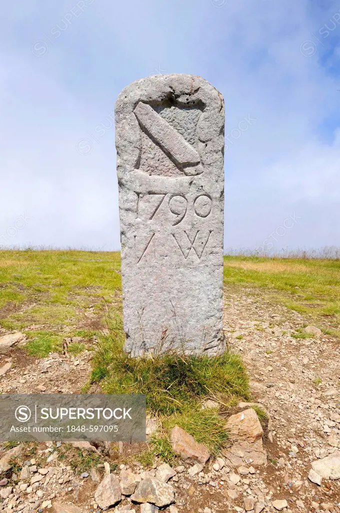 Old landmark or boundary stone from the Baden region, 1790, on Mt Belchen, 1414m, Breisgau region, Upper Black Forest region, Baden-Wuerttemberg, Germ...