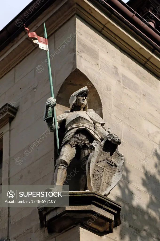 Knight sculpture on the Ansbacher House, built in 1898, headquarters of the Corps Onoldia fraternity, Nuernberger Strasse 8, Erlangen, Middle Franconi...