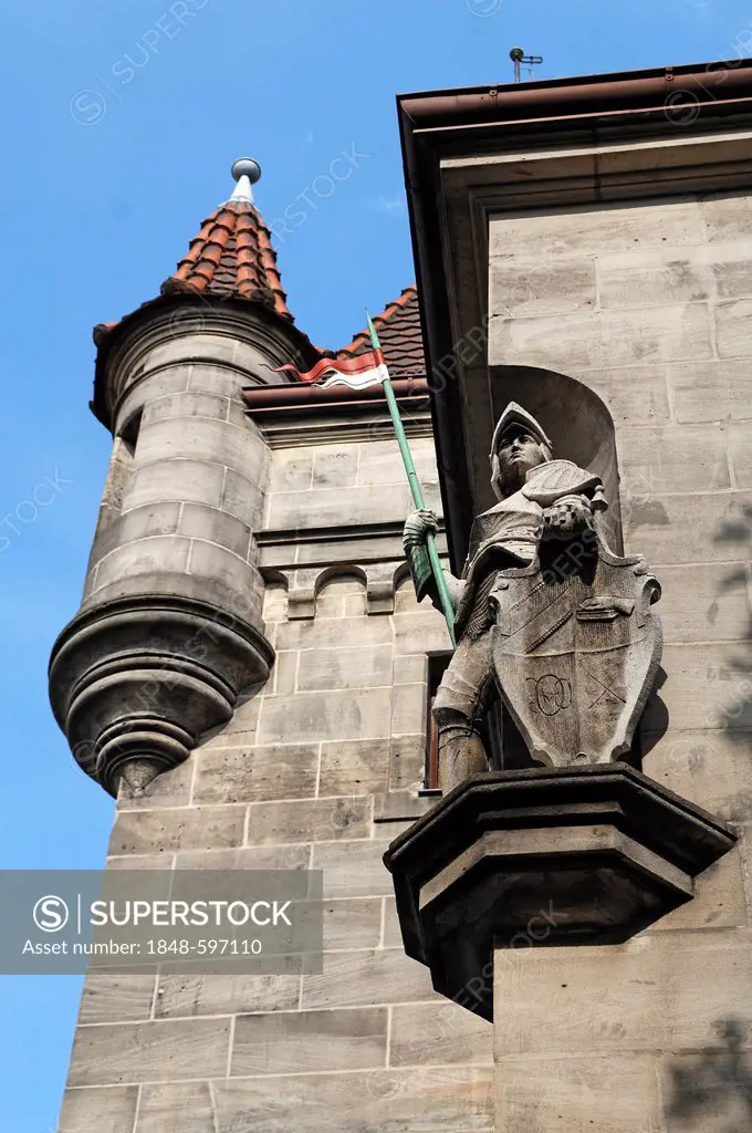 Knight sculpture on the Ansbacher House, built in 1898, headquarters of the Corps Onoldia fraternity, Nuernberger Strasse 8, Erlangen, Middle Franconi...