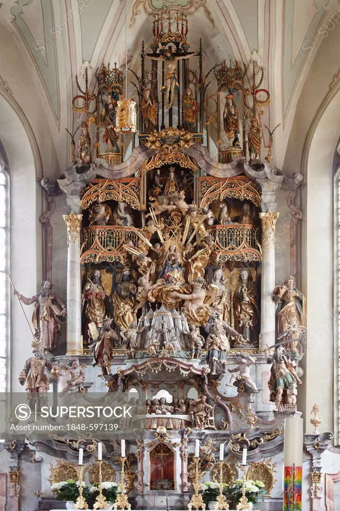 High altar in the pilgrimage church Heilig Kreuz or Holy Cross in Maria Rain, Oy-Mittelberg community, Upper Allgaeu, Allgaeu, Swabia, Bavaria, German...