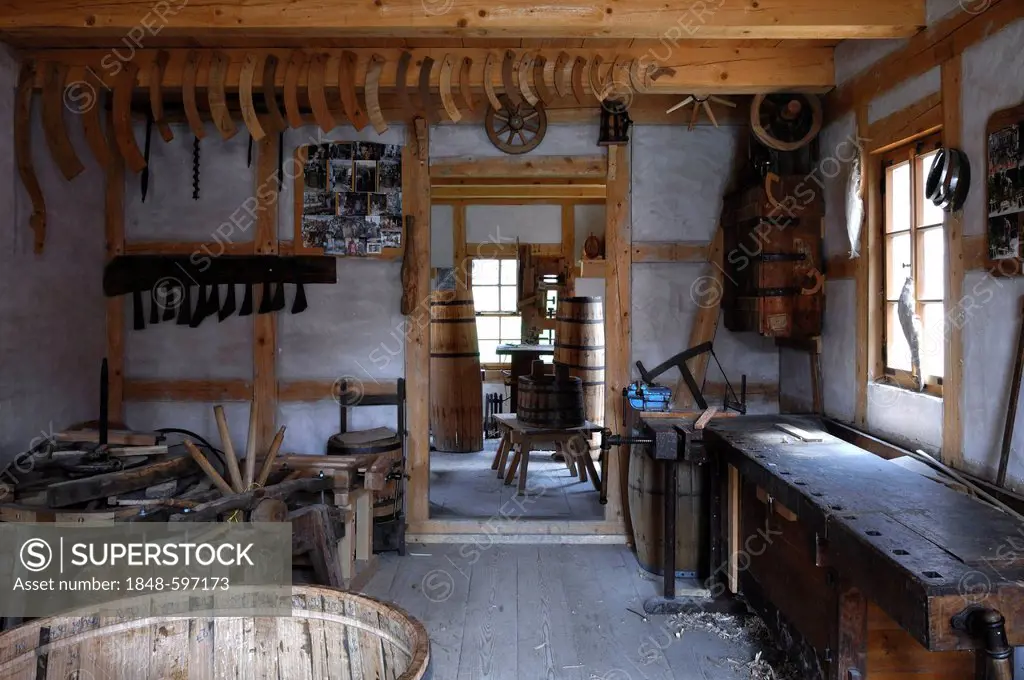 Cooper and wheelwright's workshop from Egersheim, 1887, Franconian open-air museum, Eisweiherweg 1, Bad Windsheim, Middle Franconia, Bavaria, Germany,...