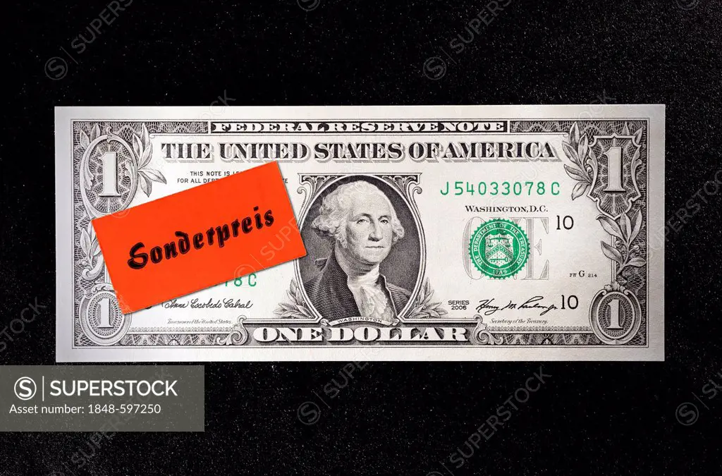 A dollar bill with the label Sonderpreis or special price, symbolic image for the national debt of the USA