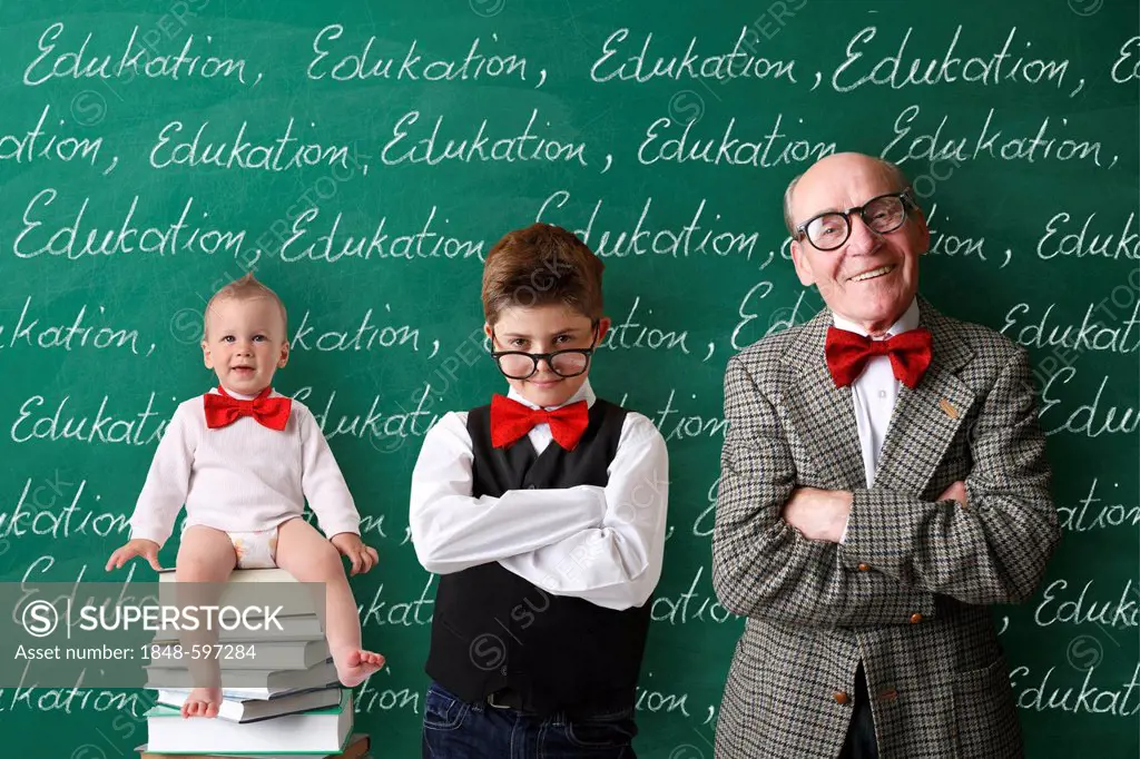 Infant, schoolboy and a professor standing in front of the school blackboard with the word Education written repeatedly