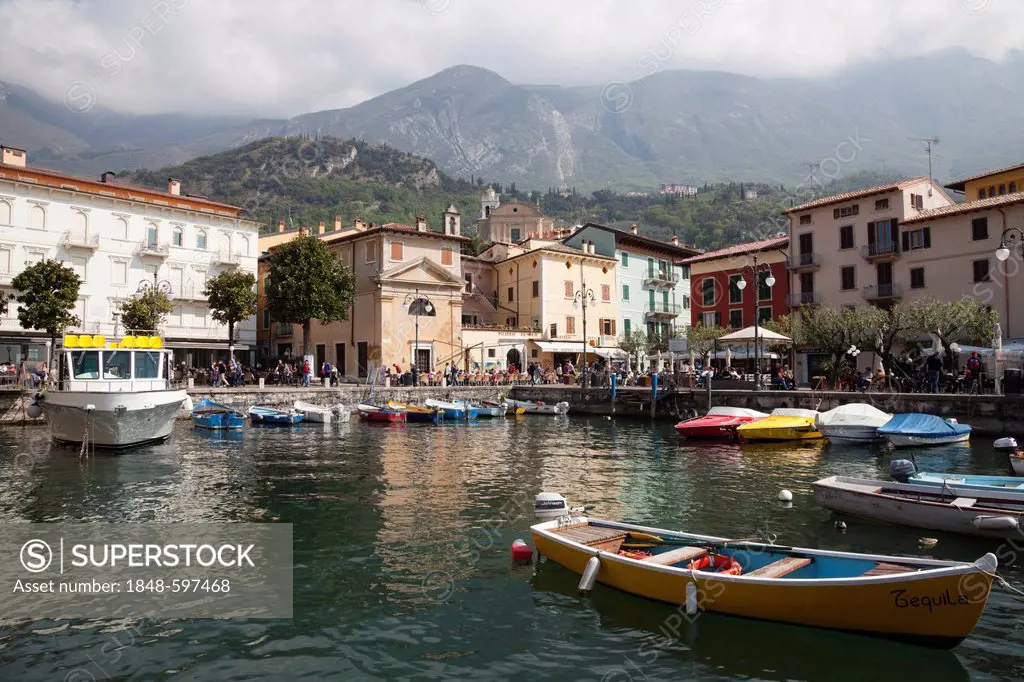 View over the port towards the town, Malcesine, Lake Garda, Veneto, Italy, Europe, PublicGround