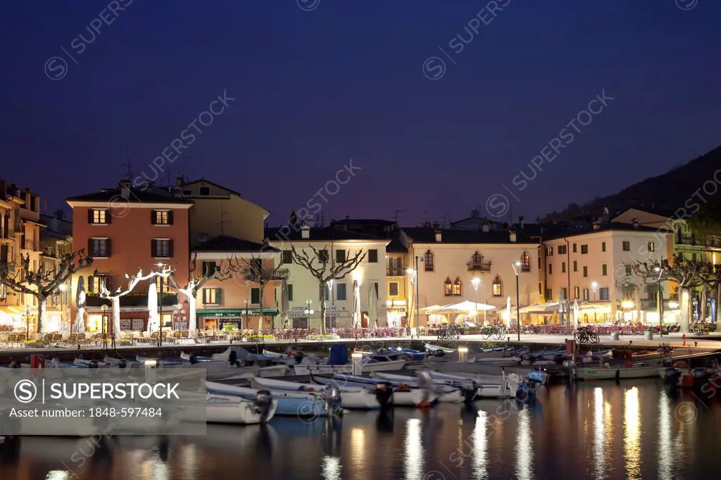 View over the port towards the town at night, Garda, Lake Garda, Veneto, Italy, Europe, PublicGround