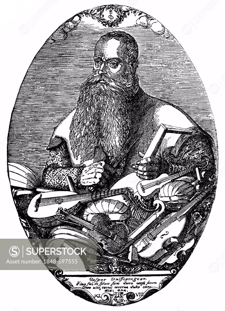 Historical drawing, portrait of Kaspar Tiefenbrucker, 1514-1571, luthier from Fuessen, Germany