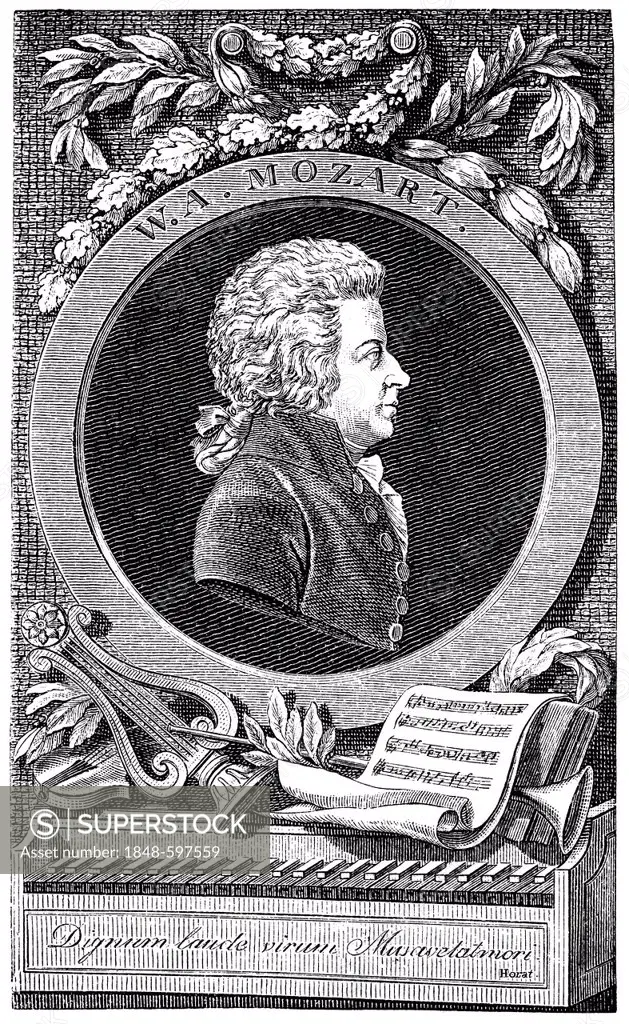 Historical drawing from the 19th Century, portrait of Wolfgang Amadeus Mozart, 1756-1791, composer of the Viennese Classical period