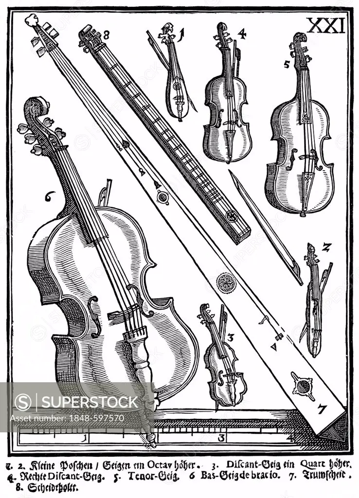 Logs, violins, double bass, plate 21 of the historical and music-theoretical literature Syntagma Musicum, musicological writings of Michael Praetorius...