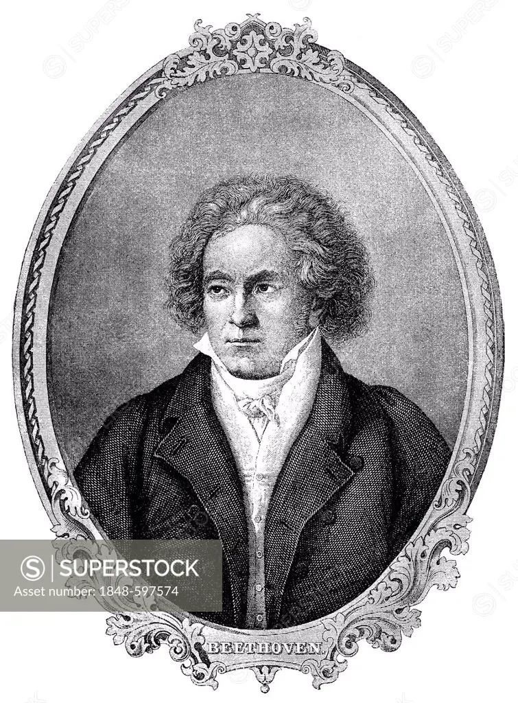 Historical drawing from the 19th Century, portrait of Ludwig van Beethoven, 1770-1827, German composer