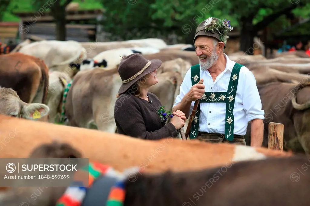 Couple wearing traditional costume during Viehscheid, separating the cattle after their return from the Alps, Thalkirchdorf, Oberstaufen, Bavaria, Ger...