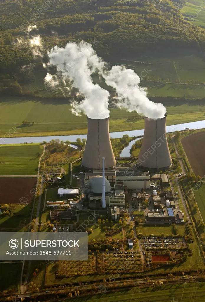 Aerial view, Grohnde Nuclear Power Plant, KWG, Weser River, Grohnde, Lower Saxony, Germany, Europe