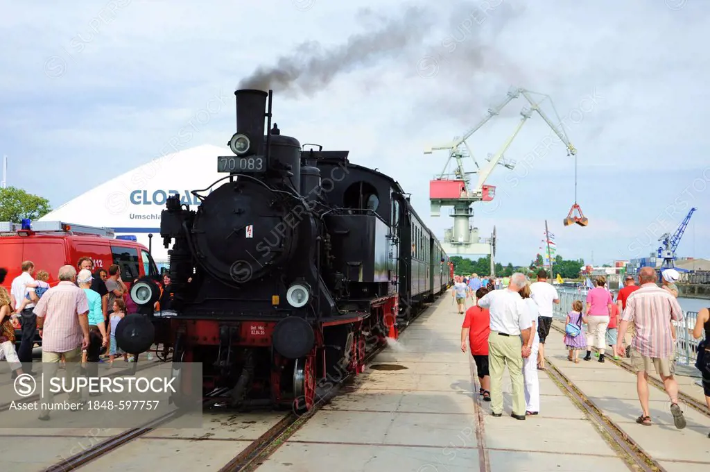 Steam locomotive at Westhafen port during the celebration of 100 years of Bayernhafen Regensburg, Regensburg, Bavaria, Germany, Europe
