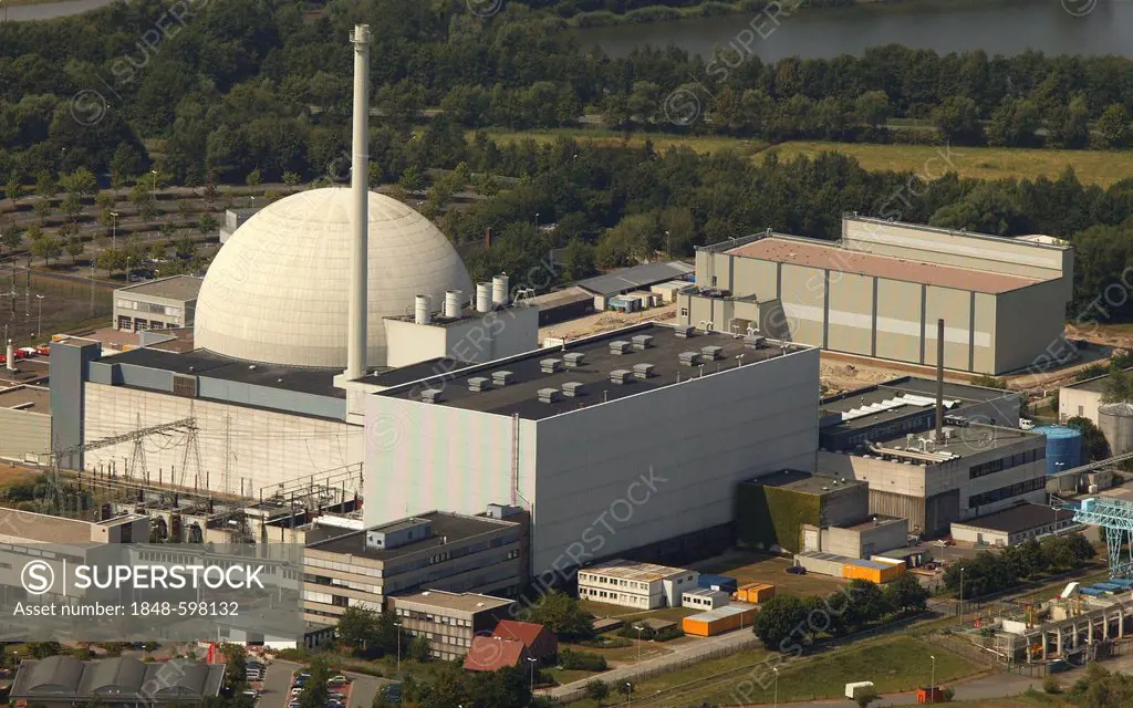 Aerial view, Unterweser Nuclear Power Plant, also known as KKW Kleinensiel and KKW Esenshamm, Lower Saxony, Germany, Europe