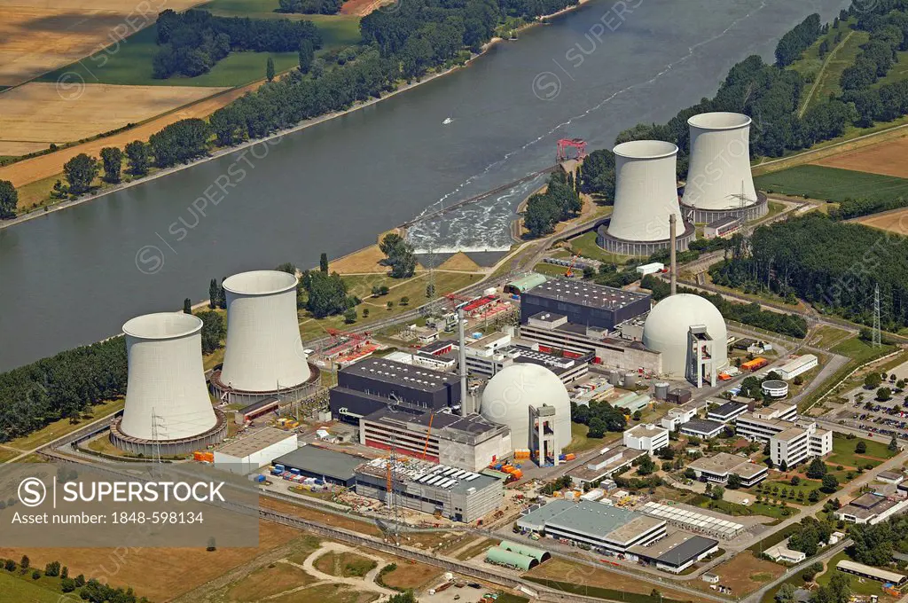 Aerial view, Biblis Nuclear Power Plant block A and B, Rhine River, Biblis, Hesse, Germany, Europe