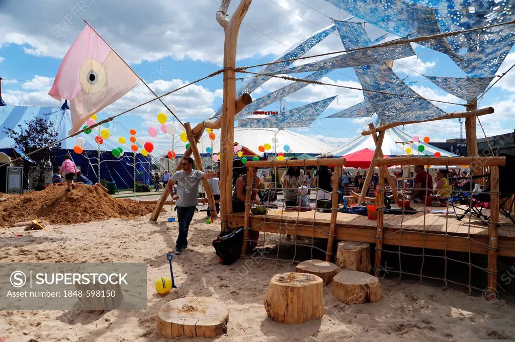 Children's play corner with a large sand box, open-air area of the Bread & Butter Premier League trade fair, fair for the latest fashion trends, sport...