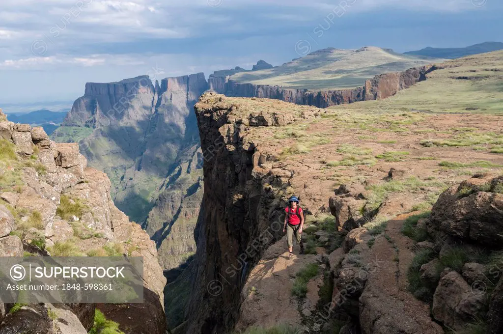 Woman standing on the plateau, Devil's Tooth, Sentinel Hiking Trail, Drakensberg Mountains, KwaZulu-Natal, South Africa, Afria