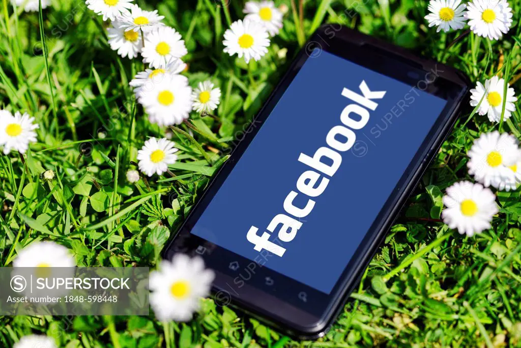 Smartphone with a Facebook logo lying in the grass