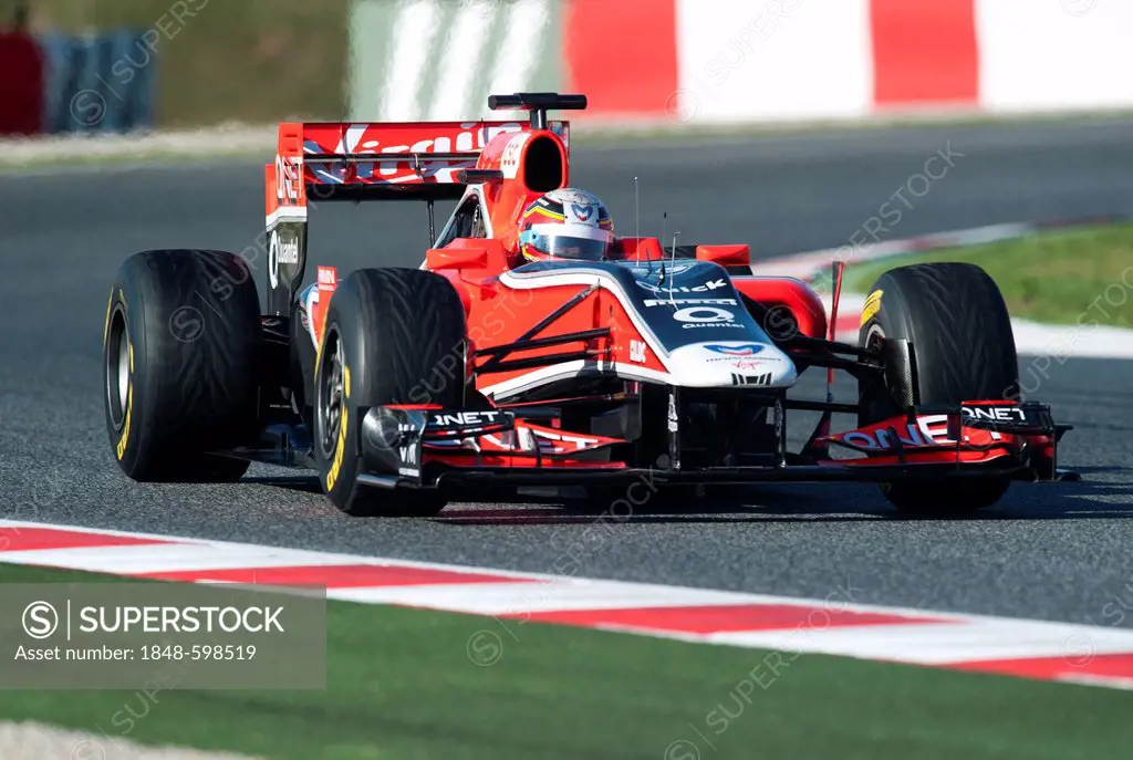 Jerome d'Ambrosio, Belgium, in his Virgin Racing-Cosworth VR-02 race car, motor sports, Formula 1 testing on the Circuit de Catalunya race car in Barc...