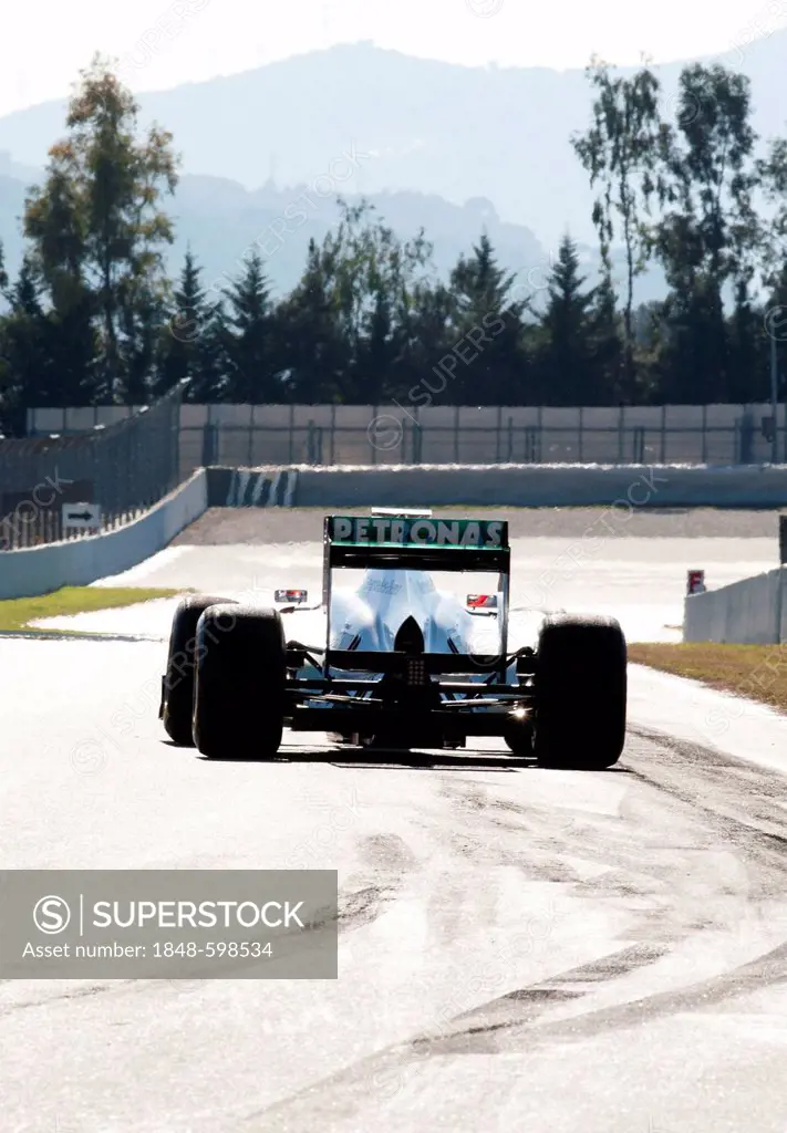 Michael Schumacher, Germany, in his Mercedes GP-Mercedes MGP W02 race car, motor sports, Formula 1 testing on the Circuit de Catalunya race car in Bar...