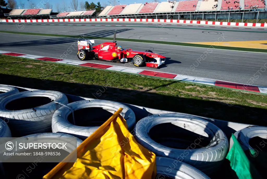Fernando Alonso, Spain, in his Ferrari 150th Italia race car, motor sports, Formula 1 testing on the Circuit de Catalunya race car in Barcelona, Spain...