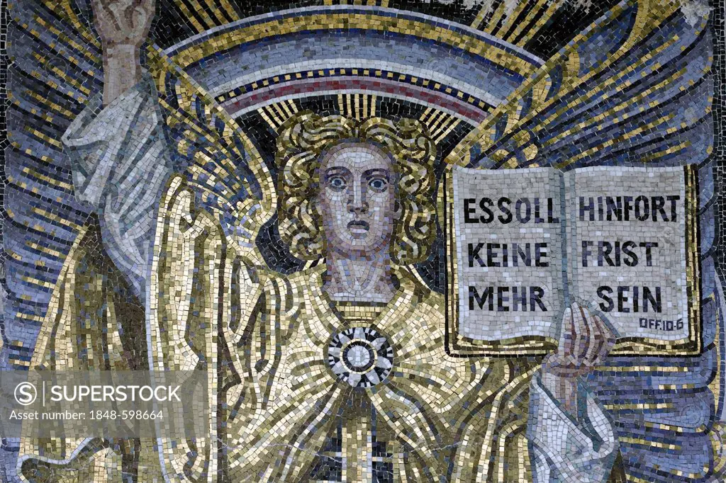 Angel with open Bible, Byzantine style mosaic, historical part of the Nordfriedhof cemetery, Duesseldorf, North Rhine-Westphalia, Germany, Europe