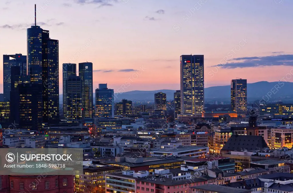View of Frankfurt and its skyline, Commerzbank, Hessische Landesbank, Deutsche Bank, European Central Bank, Skyper building, Sparkasse, DZ Bank, Opern...