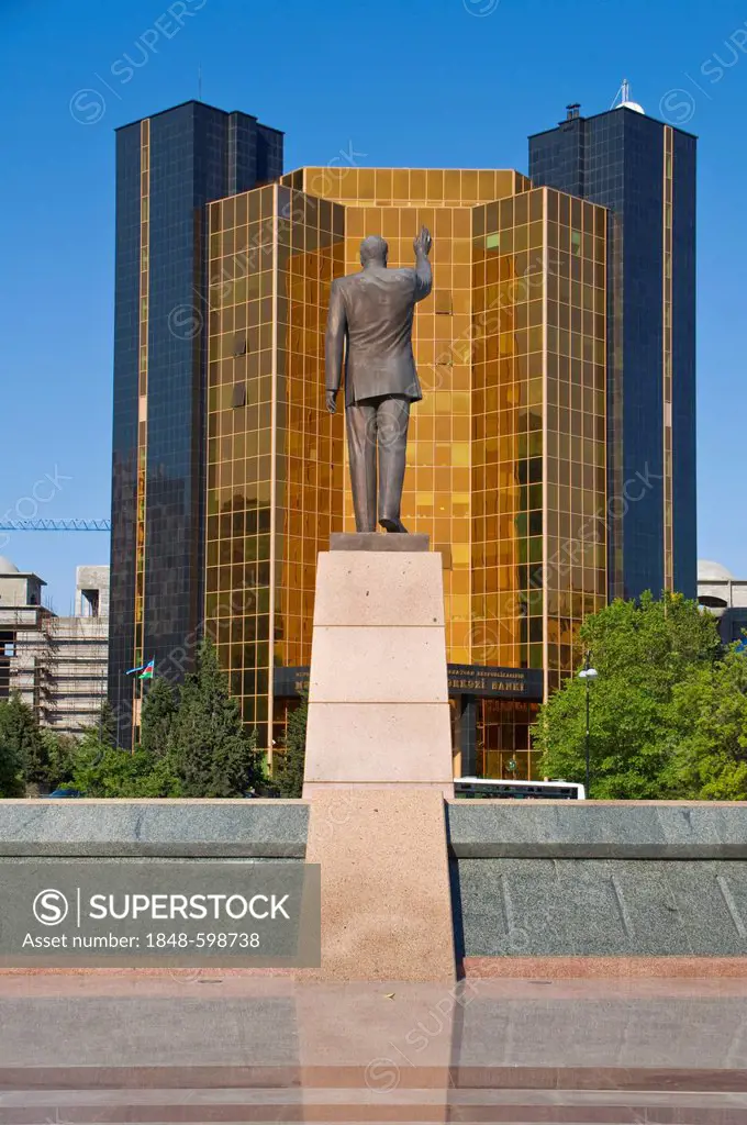 President statue in front of a modern high-rise building in Baku, Azerbaijan, Middle East