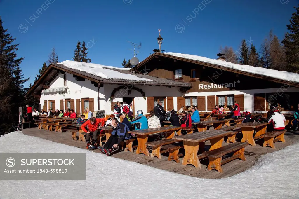 Restaurant Nagler Huette 1850m on Mt. Heiligkreuzkofel, Fanes mountains, Fanes-Sennes-Prags Nature Park, Val Badia, Alta Badia, Dolomites, South Tyrol...