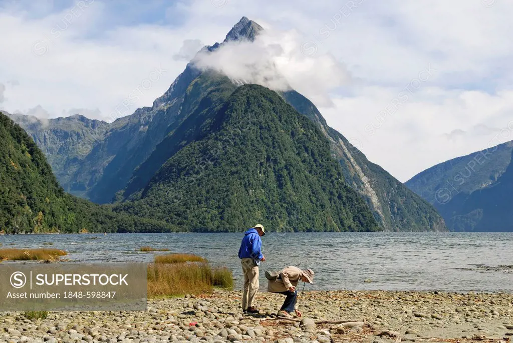 Senior citizens collecting stones and flotsam, Mitre Peak, Milford Sound, South Island, New Zealand