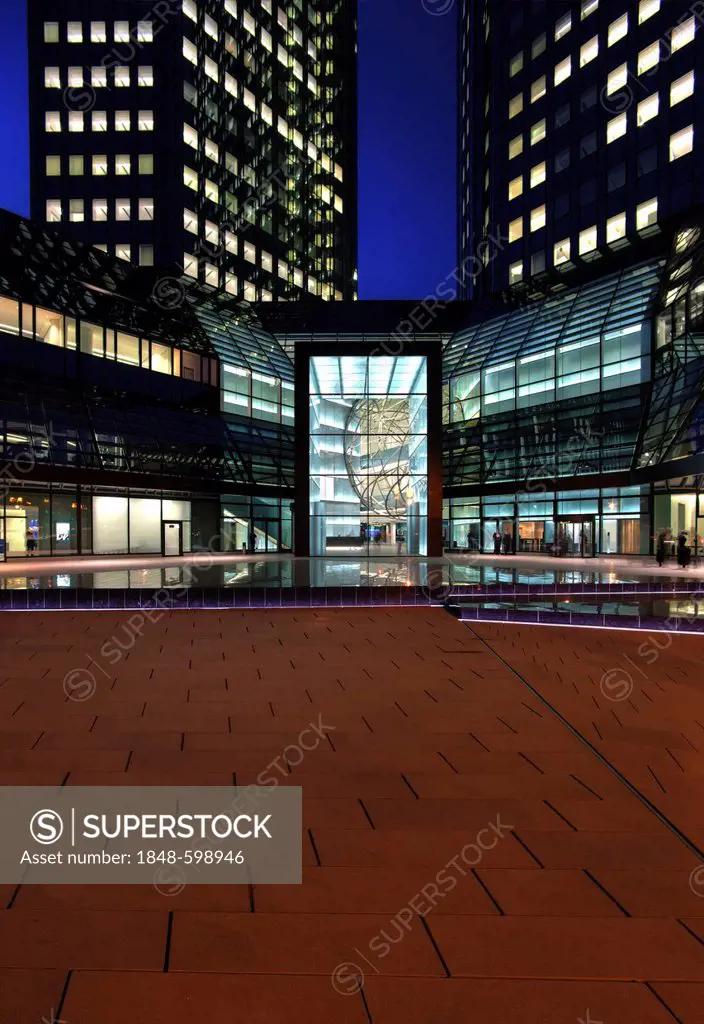Main entrance and portal of the renovated Deutsche Bank at night, Frankfurt am Main, Hesse, Germany, Europe