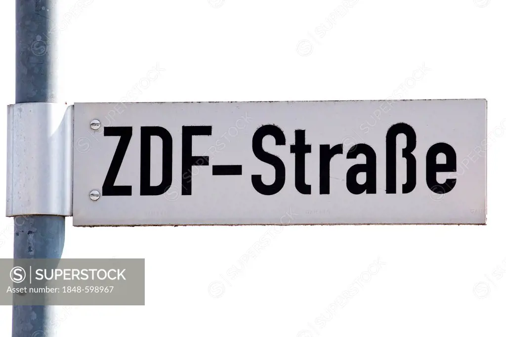 Road sign of the ZDF-Strasse street outside the Bavaria state studio of the ZDF television station in Unterfoehring near Munich, Bavaria, Germany, Eur...