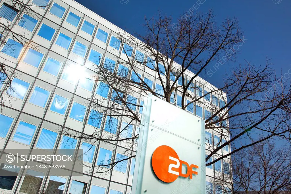 ZDF logo in front of the building of the Bavaria state studio of the ZDF television station in Unterfoehring near Munich, Bavaria, Germany, Europe