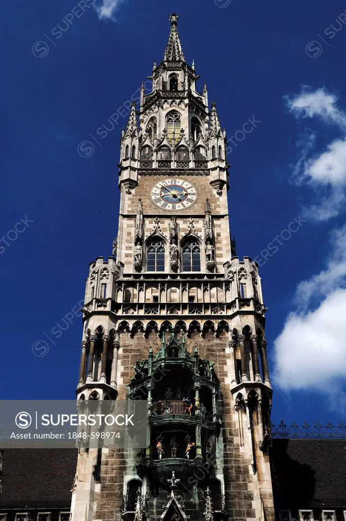 Tower with chimes, Neues Rathaus new town hall, built from 1867 to 1909, Marienplatz 8, Munich, Bavaria, Germany, Europe
