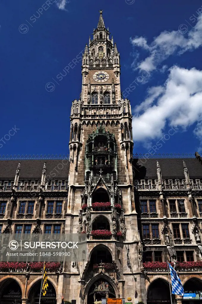 Tower, Neues Rathaus new town hall, built from 1867 to 1909, Marienplatz 8, Munich, Bavaria, Germany, Europe