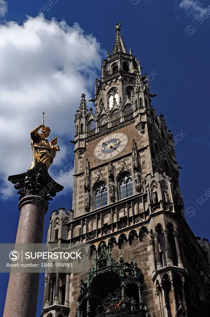 Tower, Neues Rathaus new town hall, built from 1867 to 1909, Marienplatz 8, Munich, Bavaria, Germany, Europe