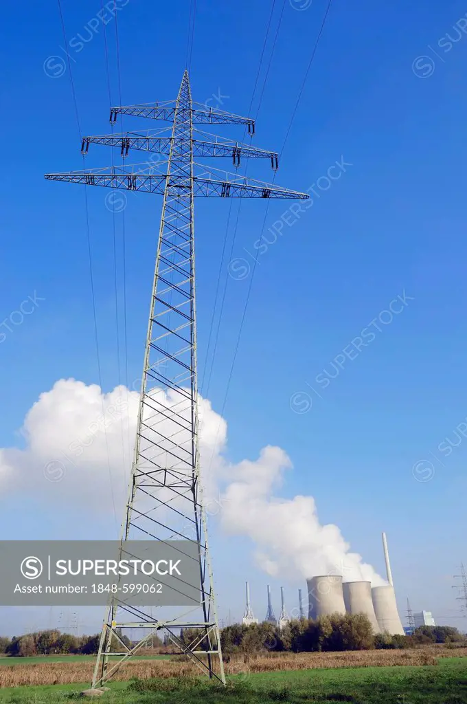 Electricity pylon and a coal-fired power station, Werne-Stockum, North Rhine-Westphalia, Germany, Europe