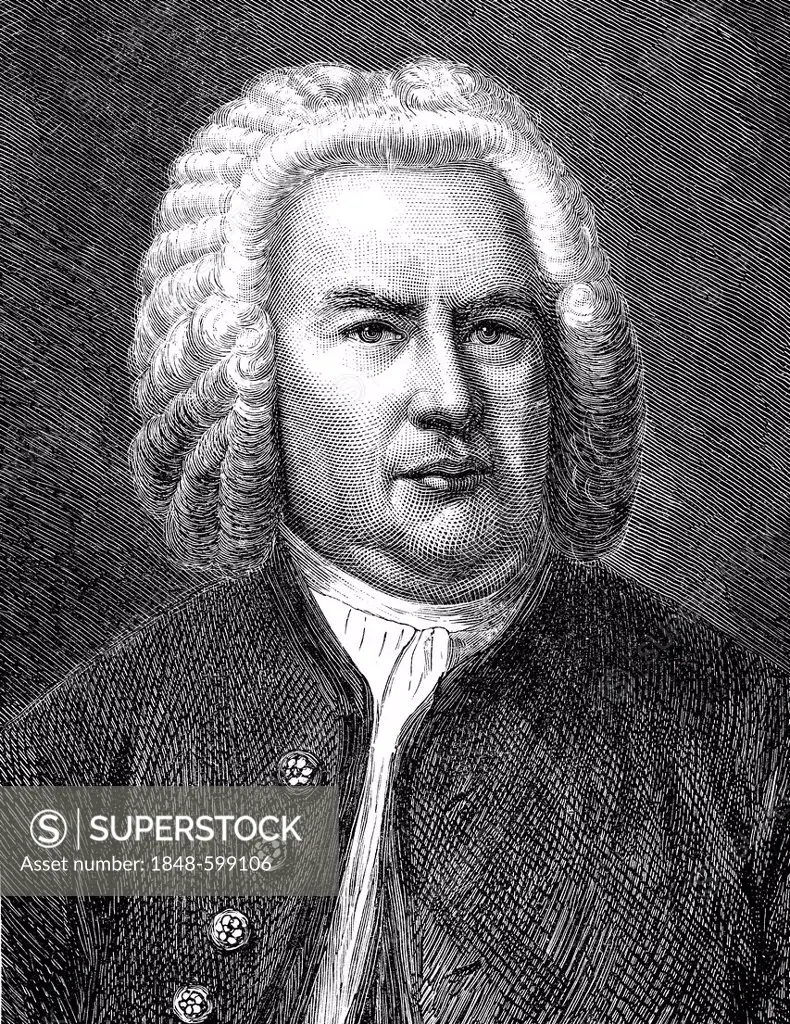 Historical drawing from the 19th Century, portrait of Johann Sebastian Bach, 1685-1750, German composer and organ and piano virtuoso of the Baroque