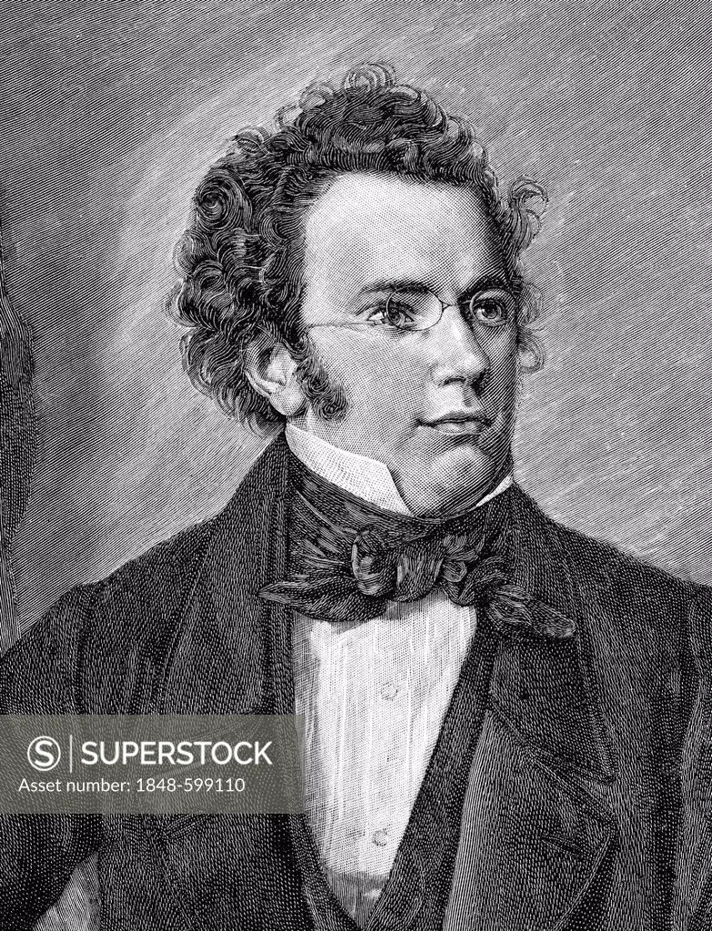 Historical drawing from the 19th Century, portrait by Franz Peter Schubert, 1797-1828, Austrian composer