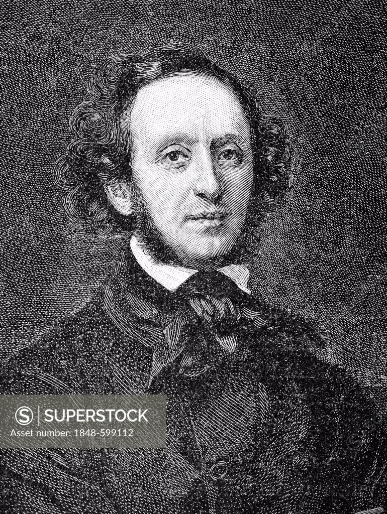 Historical drawing from the 19th Century, portrait of Jakob Ludwig Felix Mendelssohn Bartholdy, 1809-1847, German composer, pianist and organist of Ro...