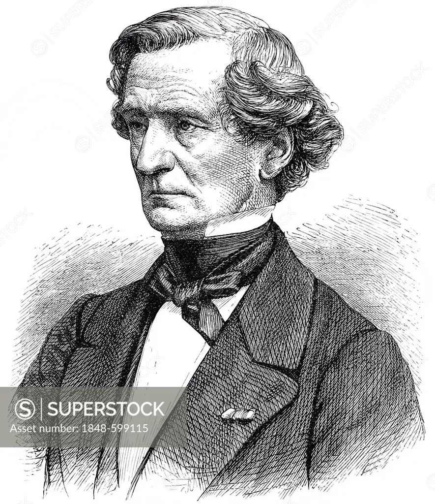 Historical drawing, portrait of Louis Hector Berlioz, 1803-1869, French composer and music critic